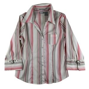 Vtg Rave Button Up Shirt Womens Large Stripe Stretch 3/4 Sleeve Buckle Cuff Y2K